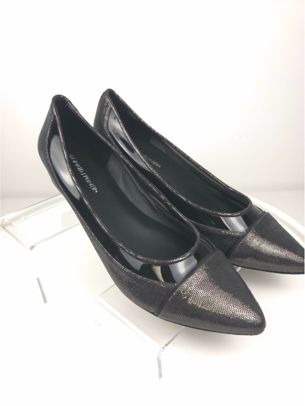 Donald J Pliner Flats 9.5 N Narrow Black Pewter Metallic Lizard Print Shoes NIB